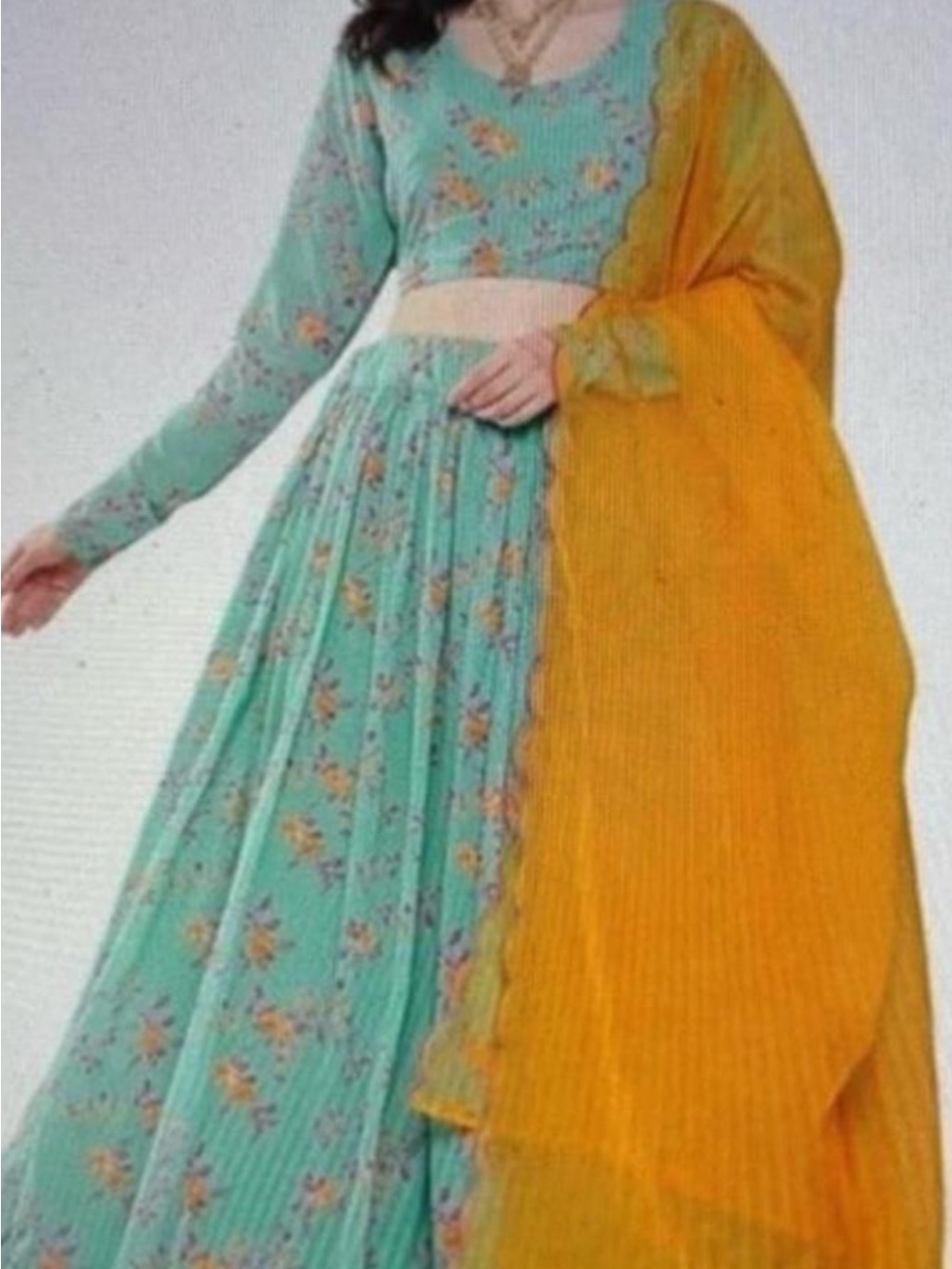 New Extra Large Floral Mint long  Skirt with matching choli & mustard Dupatta XL